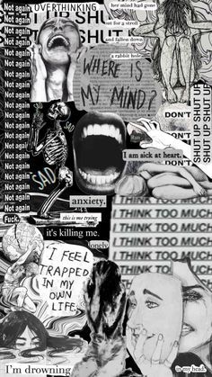 a collage of various images with words and pictures on the bottom, including an open mouth