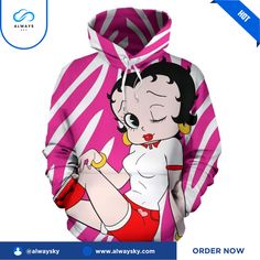 Betty Boop Hoodie x Alwaysky. This hoodie offers the perfect combination of comfort and style. Crafted from high-quality, soft, and breathable fleece, it provides excellent warmth and comfort. The unisex design includes a relaxed fit, a hood with adjustable drawstrings, and a practical front kangaroo pocket. Available in a variety of colors, from classic black, white, and grey to vibrant red, blue, and pastel pink. Sizes range from S to XXL. Suitable for daily activities, whether it's for school Pink Cartoon Print Hoodie For Streetwear, Trendy Fleece Hoodie With Cartoon Print, Sporty Long Sleeve Hoodie With Cartoon Print, Sporty Cartoon Print Hooded Hoodie, Sporty Hooded Hoodie With Cartoon Print, Cartoon Print Fleece Hoodie For Streetwear, Betty Boop Cartoon, Icon X, Youth Hoodies