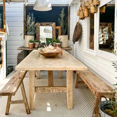 rustic dining table with repurposed wood, light bleached finish Outdoor Wood Dining Table, Decoration Front Porch, Light Blue Living Room, Front Porch Lighting, Front Porch Makeover, Family Backyard, Peaks Island, Front Porch Design, Porch Makeover