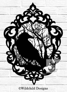 the silhouette of a bird sitting on top of a tree in front of a white brick wall