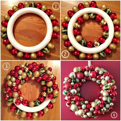 christmas wreaths made from plastic balls and other ornaments are shown in three different ways