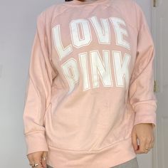 Size: Small Color: Pink And White Still Has Fleece/ Fuzzy Interior Never Worn! Oversized Fit Cozy Letter Print Tops For Spring, Cozy Pink Top With Graphic Print, Cozy Pink Graphic Print Top, Cozy Oversized Tops With Letter Print, Secret Love, Pink Sweatshirt, Pink And White, Oversized Fits, Victoria’s Secret