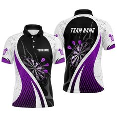 the front and back of a women's polo shirt with purple butterflies on it