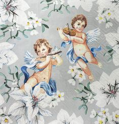 two cherubs with wings and flowers on a white background, one is holding a violin