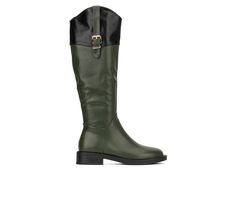 The two-toned Desiree boot is the perfect travel buddy. These easy to wear boots features a curved collar, round toe, belt accent and inner zipper. Faux Leather upper, Side Zipper, Approx. 1\ heel, Almond Toe, Rubber outsole | Women's Torgeis Desiree Knee High Boot in Green Size 6.5 Womens Boots Knee High, Luxury Boots, Travel Buddy, Womens Riding Boots, Shoe Carnival, Urban Chic, Dress Codes, Shoes Heels Boots, Boot Shoes Women