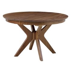 a round wooden table with two crossed legs and a cross - leg design on the top