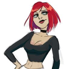 a drawing of a woman with red hair and green eyes, wearing a black top