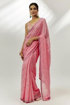 Pastel pink saree featuring mirror, gota and badla embroidered saree. Paired with a stripe pattern embroidered blouse. - Aza Fashions Bollywood Style Pre-draped Saree With Gota Work For Navratri, Anarkali Cotton Silk Pre-draped Saree With Mirror Work, Anarkali Pre-draped Saree With Gota Work In Cotton Silk, Eid Georgette Pre-draped Saree With Gota Work, Chanderi Pre-draped Saree With Mirror Work, Cotton Silk Pre-draped Saree With Mirror Work, Traditional Drape Saree With Mirror Work, Pink Pre-draped Saree With Gota Work, Festive Pre-draped Saree With Gota Work