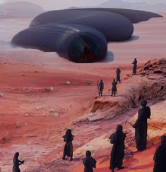 an artist's rendering of some people standing in front of a large object on the ground