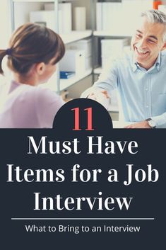 a man and woman sitting at a table talking to each other with the words 11 must have items for a job interview