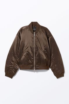 A go-to bomber jacket crafted from a satin-like recycled nylon fabric. It features a soft, ribbed stand collar, a sturdy two-way front zip closure, slanted press-button side pockets, gathered seams, ribbed hems, and is fully lined with recycled polyester taffeta. Loose fit.Regular length.Two-way zip.Gathered seams.Fully lined. Dark Khaki, Tshirt Skirt, Linen Shop, Nylon Fabric, Shirt Skirt, Khaki Green, Stand Collar, Nightwear, Shirt Jacket