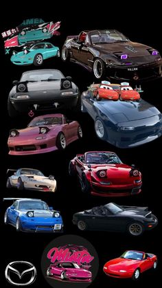 many different colored cars are shown in this graphic art work, with the same color and size as each car