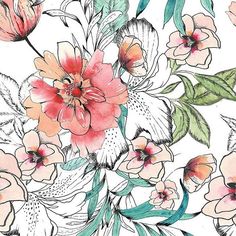 an image of flowers and leaves on a white background for wallpaper or fabric design