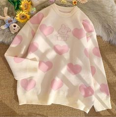 Cute Pastel Sweaters, Pastel Kawaii Outfits, Pastel Clothes, Bunny Heart, Bunny Sweater, Kawaii Sweater, Random Products, Estilo Harajuku, Bear Costume