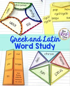 the greek and latin word study is shown with pictures of different types of words on it