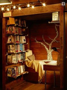 an image of a room with bookshelves and lights on the wall above it