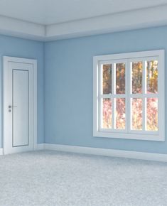 an empty room with blue walls and white trim on the doors, windows and carpet