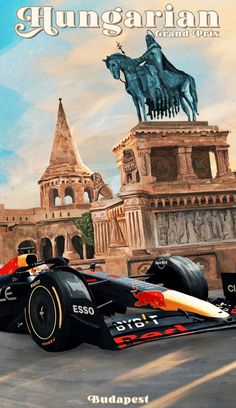 a painting of a racing car in front of a horse and carriage statue with the caption, hungarian grand prix