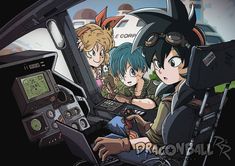 anime characters sitting in the cockpit of a small plane, looking at something on the screen