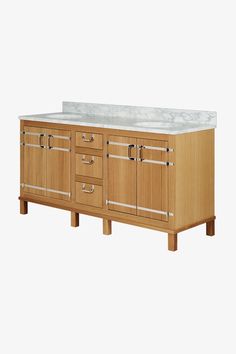 an image of a bathroom vanity with marble top and wooden cabinetry on white background