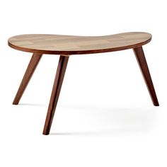 an oval wooden table with two legs and a curved design on the top, against a white background