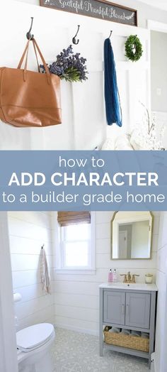 a bathroom with white walls and gray cabinets, the words how to add character to a builder grade home