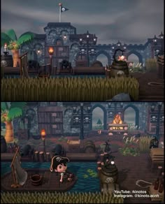 two screens showing different scenes in the same video game, one with a pirate ship on it