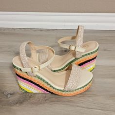 Multicolor Straw Wedge Heel 3" Wedge Ankle Strap With Gold Buckle Closure Fits True To Size For Most Multicolor Summer Wedge Sandals For Vacation, Multicolor Synthetic Summer Wedge Sandals, Casual Multicolor Wedge Sandals, Summer Multicolor Wedge Heels, Silver Wedge Sandals, Tan Wedge Sandals, Tan Espadrilles, Hidden Wedge Sneakers, Heel Stretch