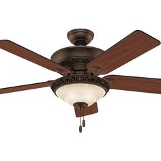 a ceiling fan with two wooden blades and a light on the bottom one is turned on