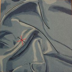 an abstract painting with lines going through the center and two red crosses pointing to each other