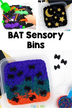 this is an image of bat sensory bins for halloween