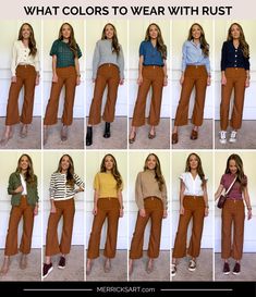 Engaged Outfit Ideas, Rust Clothing Color Combos, Rust Pants Outfit Summer, Rust Cropped Pants Outfit, Summer Outfits Autumn Colors, Rust Outfit Ideas, Everyday Classic Outfits, Rust Dress Pants Outfit, Simple Chic Style Minimal Classic