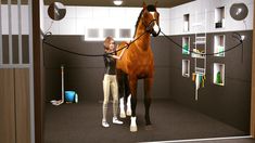 a woman standing next to a brown horse in a room