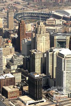 an aerial view of some very tall buildings