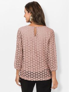 This top enchants with its modern, pleasantly soft floral lace. Comfortable jersey lining, only the 3/4-length sleeves remain sheer. Rounded neckline with vent and button/loop fastening on the back. Bust darts. Length approx. 24 inches (misses) 100% polyester. Lining: 100% rayon. Machine washable. Imported. Spring Lace Blouse With 3/4 Sleeves, Lace Blouse With 3/4 Sleeves For Spring, Lace Blouse With Three-quarter Sleeves For Spring, Chic 3/4 Sleeve Tops With Lace Trim, Summer Lace Blouse With 3/4 Sleeves, Spring Lace Top With 3/4 Sleeves, Lace Tops With 3/4 Sleeve And Lace Trim, 3/4 Sleeve Lace Tops With Lace Trim, Elegant Blouse With 3/4 Lace Sleeves