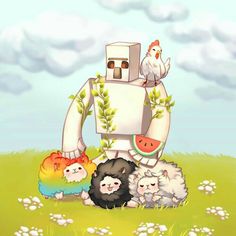 an image of a robot that is surrounded by sheep and chickens in a field with flowers