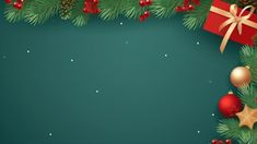 a green christmas background with red and gold baubles, pine cones and presents