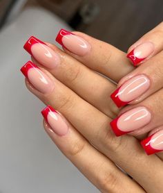 Red Tip Nails, Red French Tip, Red Tips, Emerald Nails, Short French, Red Acrylic Nails, Red French, French Tip Acrylic Nails, Casual Nails