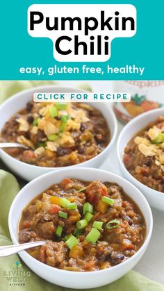 three white bowls filled with chili and vegetables