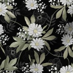 a black and white floral pattern with flowers on the bottom right hand corner, in full bloom