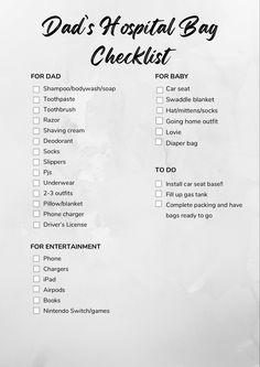 a list with the words dad's hospital bag checklist written in black and white