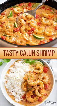 the recipe for tasty cajun shrimp is in a skillet and ready to be eaten