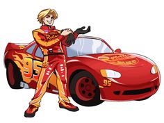 a cartoon character standing next to a red car with the number 19 on it's side