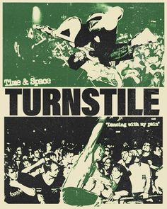 the poster for turn style shows a man on a skateboard in mid air over a crowd