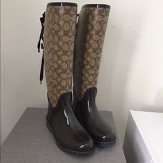 Sold- Coach Tristee Waterproof Rain Boots. Lace Back. Fur Lining Inside. Brand New Never Worn. Khaki/Chestnut. Size 5m Casual Weatherproof Brown Rain Boots, Brown Rain Boots With Round Toe For Fall, Brown Round Toe Rain Boots For Fall, Casual Brown Waterproof Rain Boots, Winter Brown Coach Boots, Casual Brown Coach Boots, Boot Brands, Coach Shoes, Lace Back