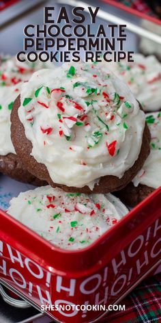 easy chocolate peppermint cookies recipe in a red tin with white frosting and sprinkles