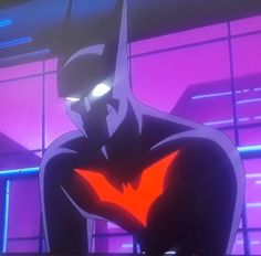 the animated batman is standing in front of a window with his hands on his hips