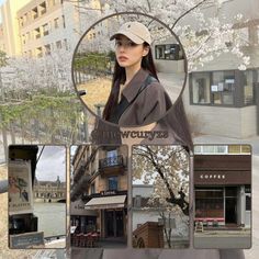 a collage of photos with buildings, trees and people in the background that include a woman wearing a hat