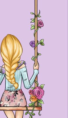 a painting of a girl on a swing with flowers in her hair and long blonde hair