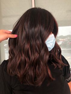 Brunette Red Lowlights, Red Tint Balayage Hair, Chocolate Red Balayage Hair, Red Brown Highlights On Dark Hair, Subtle Red Balayage Brunettes, Black And Reddish Brown Hair, Auburn Highlights For Black Hair, Chocolate Brown Hair With Red Balayage, Brown Hair With Red Babylights